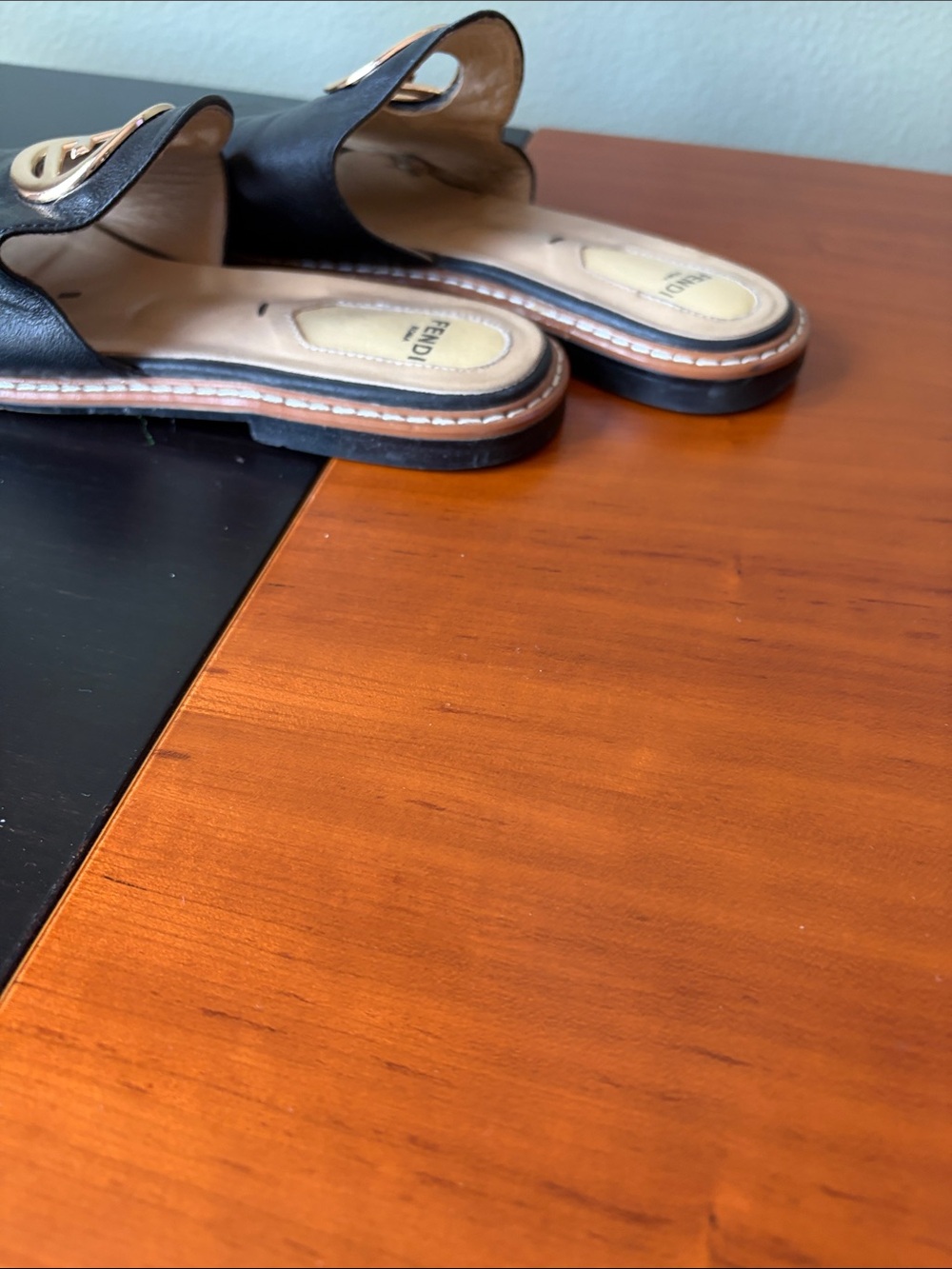 Fendi Black Leather Slides with Gold FF Medallion - Picture 5 of 6
